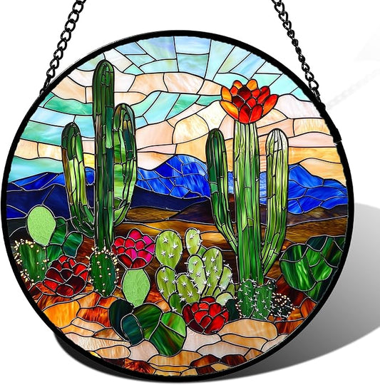 DASTOLL Stained Glass Window Hanging, Green Cactus Suncatcher for Doors Window Home Plant Landscape Sun Catchers Decoration Mother's Day Birthday Gifts for Women, Men, and Mom 11.8 in