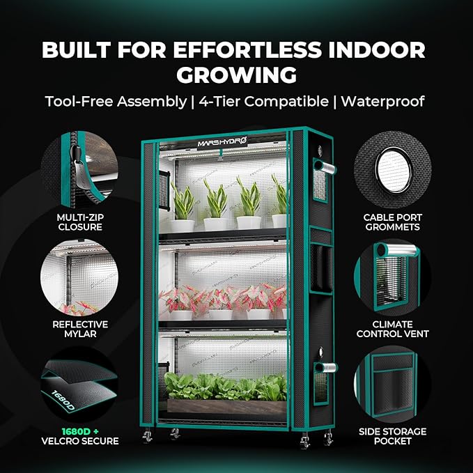 MARS HYDRO 2026 Plant Stand with Grow Lights,6-Tier Plant Shelf with 10 Full Spectrum LED Lamps (225W, 3ft) & Grow Tent | for Vegetables, Seedlings, Plant Growth | 5000K, 43x16x71''
