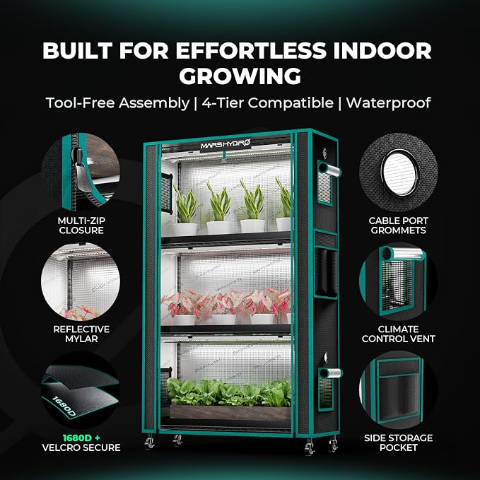 MARS HYDRO 2026 Plant Stand with Grow Lights 4-Tier Plant Shelf with 6 Full Spectrum LED Lamps (54W, 12‘’) & Grow Tent Mini Greenhouse for Vegetables, Seedlings, Plant Growth 5000K, 16x12x47''