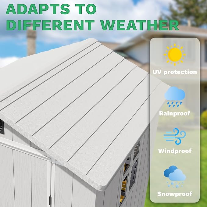 Greesum 4x4FT Plastic Storage Shed with Floor, Resin Outdoor Storaged Sheds with Lockable Door, All Weather Durable Tool Shed with Window and Vent, for Yard, Patio, Garden, Light Gray