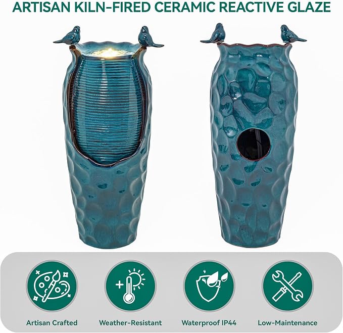 Autodaya 33" Vase Ceramic Outdoor Water Fountain with Lights and Birds | teal blue glazed water feature with textured design, ambient soothing cascading water flow for garden patio yard sanctuary