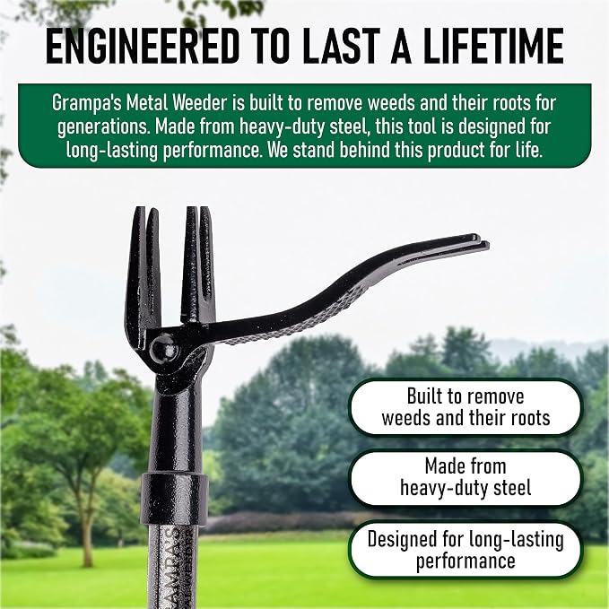 Grampa's Metal Weeder - Stand Up Weed Puller Tool with Steel Long Handle - Made with All Steel Handle & 4-Claw Steel Head - Easily Remove Weeds Without Bending, Pulling, or Kneeling (Green)