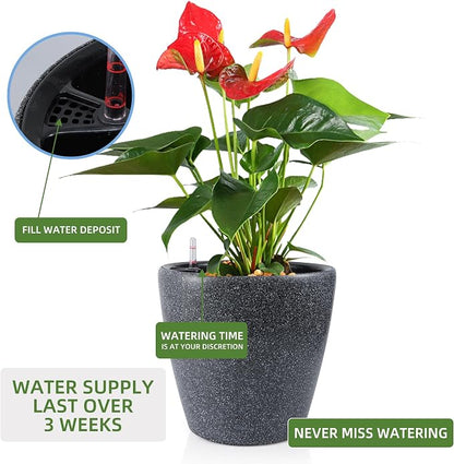 Dexceder 15x14 Self Watering Planter with Wheels (Stone Matte) | Inner Pot Design, Thickened Large Floor Standing Flower Plant Pot with Water Level Indicator Indoor Outdoor