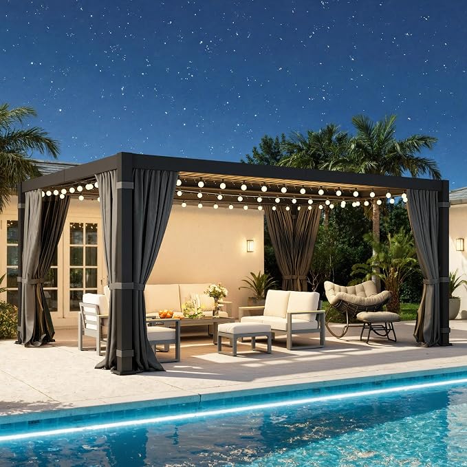 12' x 16' Louvered Pergola, Aluminum Frame Outdoor Pergola with Curtains & Netting, Adjustable Louvered Roof & Integrated Gutter System, Hardtop Patio Gazebo for Backyard, Patio, Garden, Dark Gray
