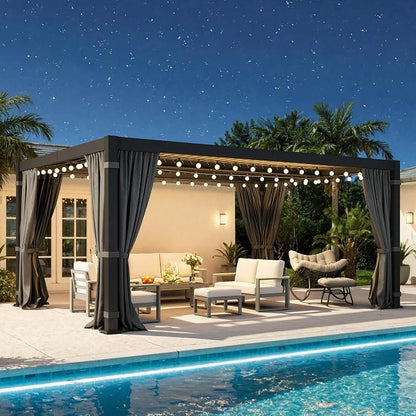 12' x 16' Louvered Pergola, Aluminum Frame Outdoor Pergola with Curtains & Netting, Adjustable Louvered Roof & Integrated Gutter System, Hardtop Patio Gazebo for Backyard, Patio, Garden, Dark Gray