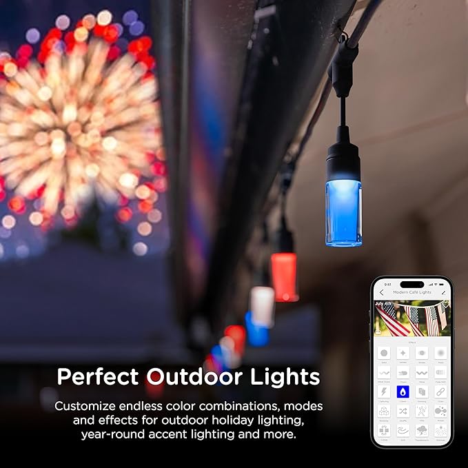 Enbrighten Vibe Modern Outdoor String Lights, 24ft, 12 RGBWIC Acrylic Bulbs, Weatherproof, Perfect for Gameday, Holidays, and More, Smart App Control, Compatible with Alexa, Google Home, 84014