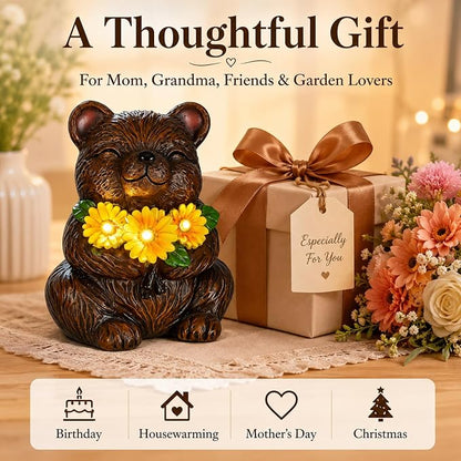Solar Garden Statues Bear with Daisy and LED Lights Birthday Gifts for Women Mom Grandma Solar Outdoor Cat Decor for Outside,Outdoor Solar Lights for Yard, Garden and Patio, Unique Gift for Women