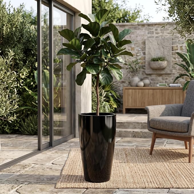 SUN-E Tall Planter for Outdoor Indoor Plants 2Pack, 21Inch Large Gloss Black Planter with Removable Insert Shelf High Glossy Piano Finish Ceramic-Look Tall Flower Pot for Office Lobby Minimalist Decor