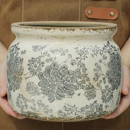 Rustic Ceramic Plant Pot with Decorative Saucer, Gifts for Plant Lovers | 7.7" Large Indoor Flower Pot, Handmade Vintage Crackled Glaze Planter, Farmhouse Country Home Decor, Gardening Gifts