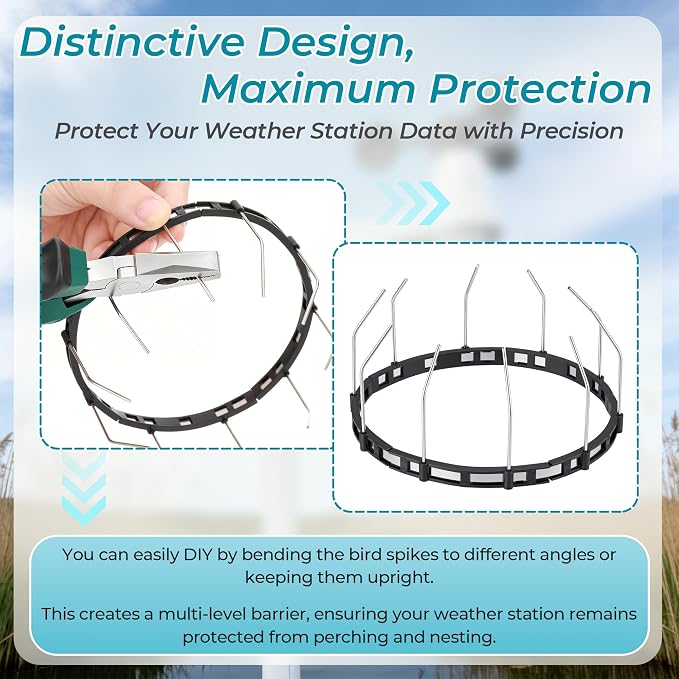 Bird Spikes Compatible with Ambient Weather WS-7078 & WS-7079, Adjustable Weather Station Bird Spike Kit with Stainless Steel Locking Ties and Wires for Rain Gauge Funnel Protection