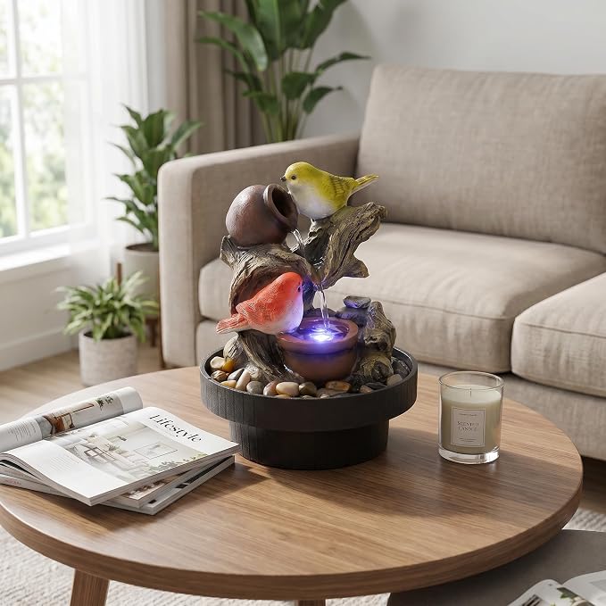 Ferrisland Resin LED Indoor Water Fountains Office Home Relocation Gifts | Indoor Waterfall Fountains Relaxation Home Decor with LED Light for Home Office Bedroom House Warming Gift Idea