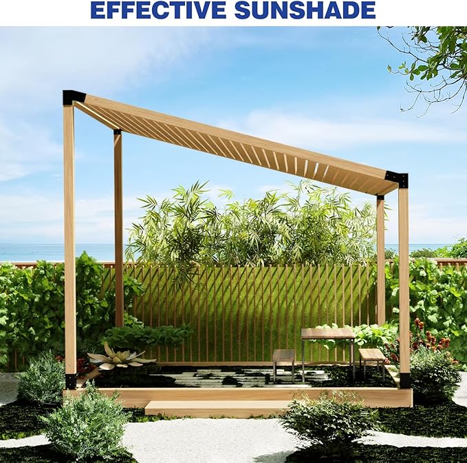Pergola Kit, Slanted Roof Pergola Bracket, 3-Way Brackets with Post Base Kit, Log Cabin Outdoor 4"x 4" (Actual 3.5" X 3.5") Lumber