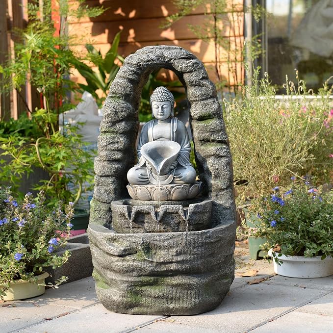 27.2" H Buddha Water Fountain Outdoor Zen Buddha Statue Outdoor Fountain with Lights, 3 Tier Waterfall Feature for Garden, Patio, Porch, Yard, Meditation Decor, Faux Stone Finish