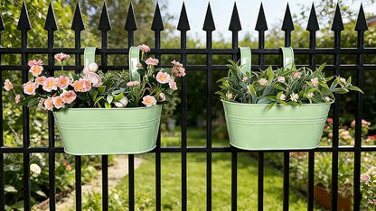 Balcony Hanging Planters Flower Pots, 10" Metal Flower Pots for Outdoor Balcony Rails, Fence Pot Hanging Plant Holders with Detachable Hooks for Garden Patio Yard Decor (Mint Green, 2Pcs)