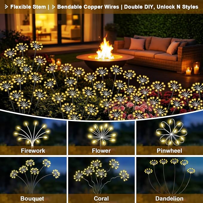 Solar Garden Lights Outdoor, 2 Pack New Upgraded Solar Swaying Starburst Light, Waterproof Fireworks Solar Lights, Yard Patio Pathway Decoration, Warm White