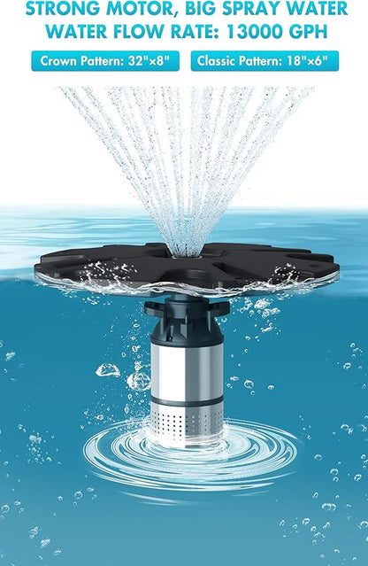FS01 110V, 1 HP, Large Pond Floating Fountain, Oil Free Pump 13000 GPH with 100’ Cord, Two Spray Patterns Included
