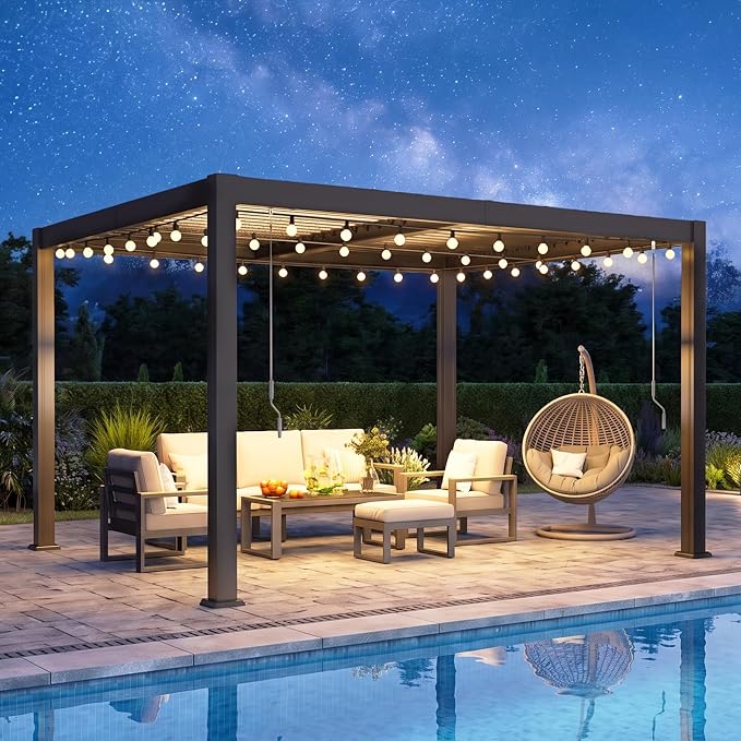 Louvered Pergola, 10' x 12' Outdoor Pergola, Aluminum Frame Patio Gazebo with Adjustable Louvers Roof and Integrated Gutter System, Outdoor Hardtop Gazebo for Patio, Backyard, Deck, Garden, Dark Gray