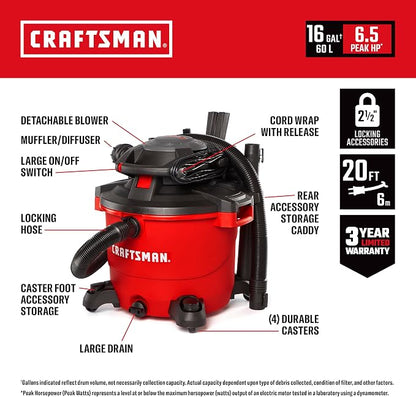 CRAFTSMAN CMXEVBE17607 16 Gal. 6.5 Peak HP Wet Dry Vac with Detach Blower | Portable Shop Vacuum Wet and Dry with Filter, Dust Bag, Hose and Attachments for Garage, Outdoor Cleaning