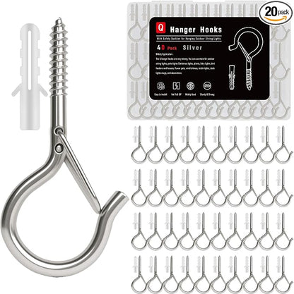 Black Screw Hooks with Safety Lock 2.3" Rustproof Metal Ceiling Hooks for Hanging Plants, Baskets,String Lights & Outdoor Decor, 40LB Capacity (40, Silver)