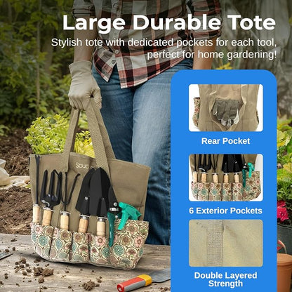 Scuddles 8-Piece Garden Tool Set with Bag, Stainless Steel Tools, Wooden Handles and Soft Poly-Cotton Gloves for Planting, Pruning and Home Gardening