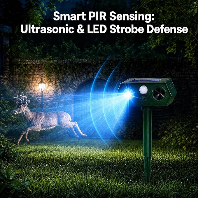 4Pack Sonic Fortress Pro Deer Repellent Outdoor, 2026 New Solar Ultrasonic Animal Repeller with Motion Activated Strobe Light to Keep Squirrel Raccoon Rabbit Cat Pests Out of Yard Skunk Deterrent