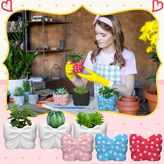 Beeveer 6 Sets Paint Your Own Coquette Bow Succulent Planter Ceramic Blank Unpainted Flower Pots DIY Paintable Porcelain Vase Kit for Kids Christmas Classroom Craft Project Activity Supplies