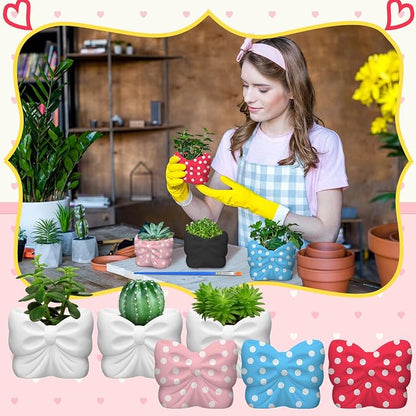 Beeveer 6 Sets Paint Your Own Coquette Bow Succulent Planter Ceramic Blank Unpainted Flower Pots DIY Paintable Porcelain Vase Kit for Kids Christmas Classroom Craft Project Activity Supplies