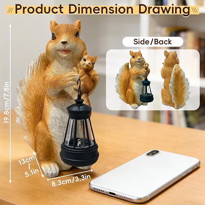 7.8" Solar Garden Squirrel Resin Statues with LED Light | Cute Animal Figurine Outdoor Indoor Decor for Patio Yard Balcony Perfect Mother‘s Day Birthday Housewarming Gift for Women