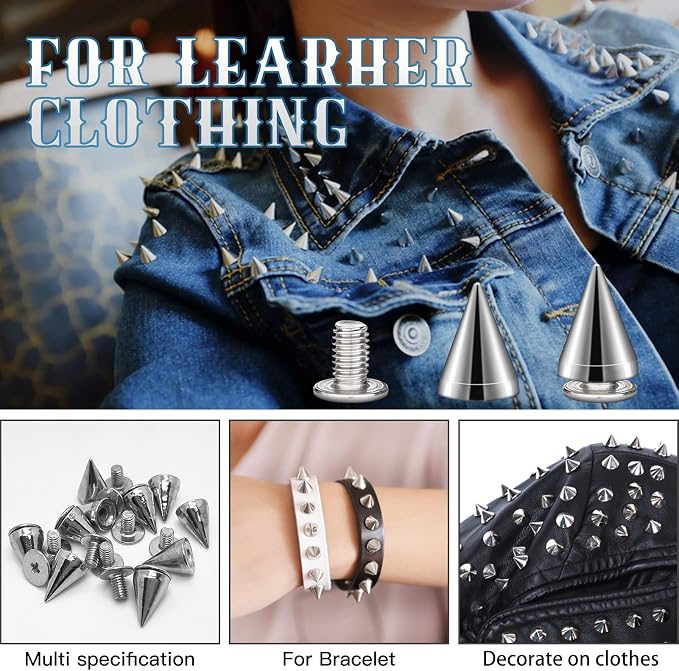 200 Sets 9.5mm Cone Spikes Metal Tree Spikes Screwback Studs for DIY Leathercraft Decoration Punk Rock Style Clothing Accessories (Silver)