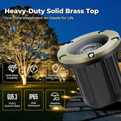 Gardencoin Brass Low Voltage Landscape Well Lights (5" Cover, 5.5" Tall), 12V LED Wired In-Ground Outdoor Up Lighting Fixture Waterproof, Adjustable Beam Direction Base, Without MR16 Bulb (4 Pack)