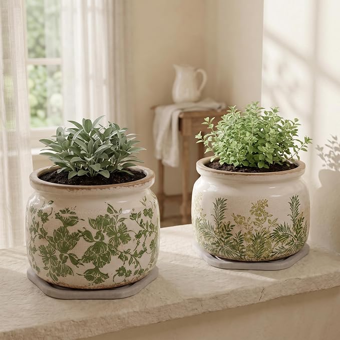 Tuscan Ceramic Planter with Decorative Tray, Plant Lover Gifts for Women | 7.7" Large Indoor Flower Pot, Handmade Retro Crackled Plant Pot, Cottage Country Home Decor, Gardening Gifts