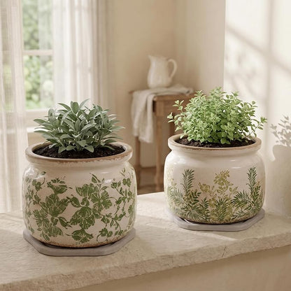 Tuscan Ceramic Planter with Decorative Tray, Plant Lover Gifts for Women | 7.7" Large Indoor Flower Pot, Handmade Retro Crackled Plant Pot, Cottage Country Home Decor, Gardening Gifts