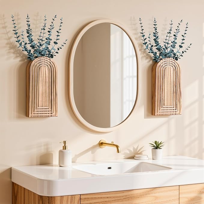 DREAMLOOM 2 Pack Wooden Wall Vases with Eucalyptus Artificial Plants, Wall Hanging Planters Boho Modern Farmhouse Indoor for Narrow Spaces Entryway Bathroom Home Office Decoration, Retro