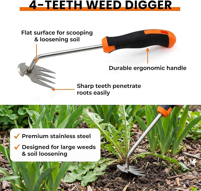 3 Pcs Garden Weeding Tool Set - Stainless Steel Manual Weed Puller with Non-Slip Handle for Yard Lawn Farm