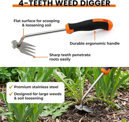 3 Pcs Garden Weeding Tool Set - Stainless Steel Manual Weed Puller with Non-Slip Handle for Yard Lawn Farm