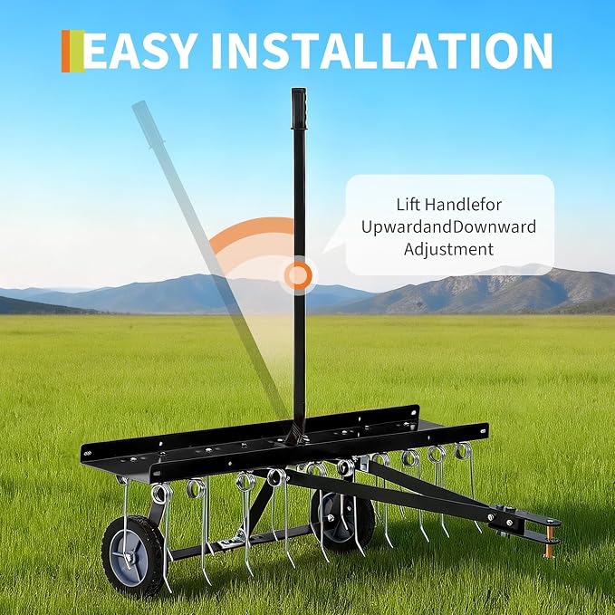 Garvee Tow Behind Lawn Rake, 48-Inch Tow Dethatcher with 24 Spring Steel Tines, Lawn Dethatcher Rake for ATV or Mower, Lawn Sweeper with Lift Handle for Garden Farm Grass, Black (with Gloves)