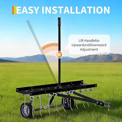 Garvee Tow Behind Lawn Rake, 48-Inch Tow Dethatcher with 24 Spring Steel Tines, Lawn Dethatcher Rake for ATV or Mower, Lawn Sweeper with Lift Handle for Garden Farm Grass, Black (with Gloves)