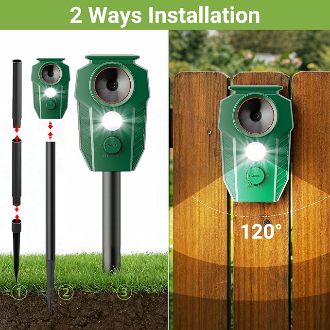 4 Pack Solar Powered Animal Repellent Outdoor, Deer Repellent Devices Ultrasonic Motion Activated, Cat & Raccoon Repellent for Yard Garden Lawn, IP65 Waterproof Pest Repellent with LED Light