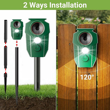 4 Pack Solar Powered Animal Repellent Outdoor, Deer Repellent Devices Ultrasonic Motion Activated, Cat & Raccoon Repellent for Yard Garden Lawn, IP65 Waterproof Pest Repellent with LED Light