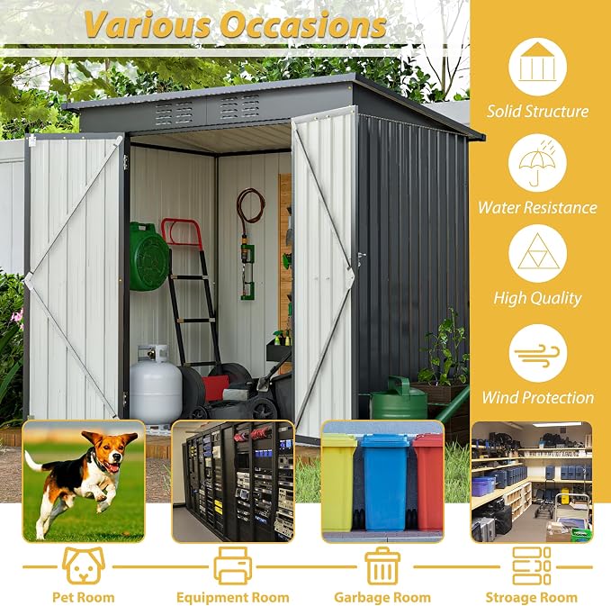 6x4 FT Galvanized Steel Garden Sheds with Ventilation and Sloped Roof, Metal Storage Locker Includes A Lock,Key & Hinged Doors,2 Pairs of Gloves,for Tool,Equipment,Black