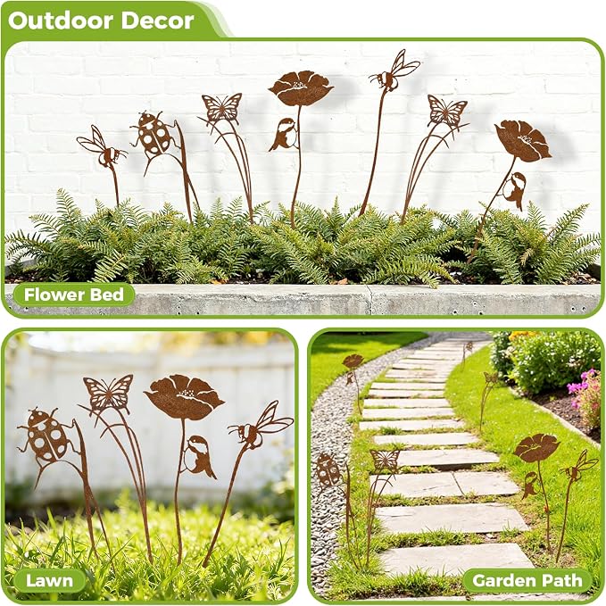 4-Pack Metal Garden Stakes for Outdoor, Rustic Bird Bee Butterfly Ladybug | Outdoor-Resistant Metal, Vintage Rust Finish, Cute Insect Shapes, For Flower Bed Planters Patio Lawn, Gifts for Garden Lovers