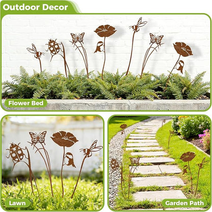 4-Pack Metal Garden Stakes for Outdoor, Rustic Bird Bee Butterfly Ladybug | Outdoor-Resistant Metal, Vintage Rust Finish, Cute Insect Shapes, For Flower Bed Planters Patio Lawn, Gifts for Garden Lovers