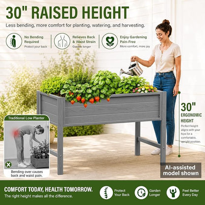 YEFU 48" Raised Garden Bed with Legs, HIPS Outdoor Garden Bed, Grey | Raised Garden Bed with Legs for Patios & Decks, 30" Height, Wood-Look HIPS, Drainage, 385 lbs Support for Vegetables & Herbs