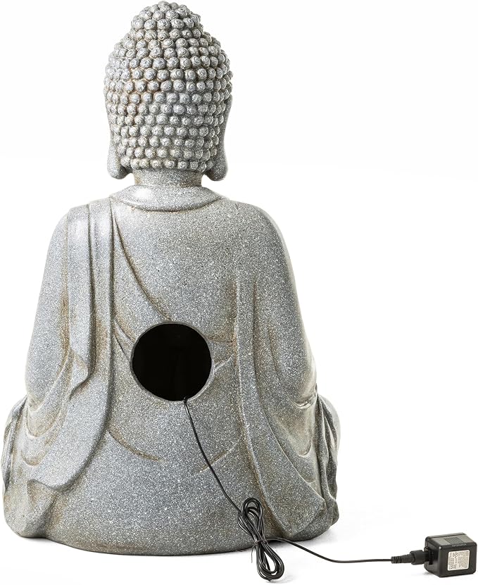 Glitzhome 28.25" Zen Buddha Fountain, Large Outdoor Water Fountain with LED Light, Polyresin Stone Powder Concrete Finish Meditating Buddha Statue for Garden Patio Yard Deck, 4 Warm LED Lights