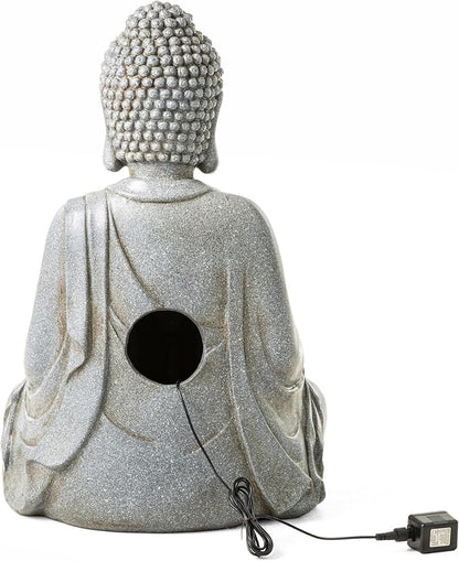 Glitzhome 28.25" Zen Buddha Fountain, Large Outdoor Water Fountain with LED Light, Polyresin Stone Powder Concrete Finish Meditating Buddha Statue for Garden Patio Yard Deck, 4 Warm LED Lights