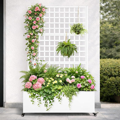 Metal Raised Garden Bed with Grid Trellis and Wheels, 43” L x 16” W x 71” H Privacy Screen for Climbing Plants, Metal Planter Box with Drainage Holes