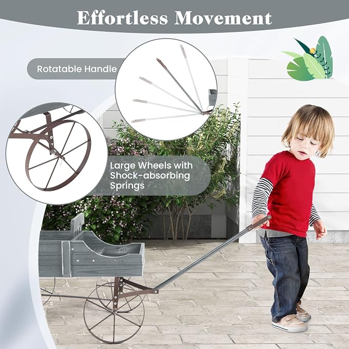 Goplus Wagon Planter, Decorative Wooden Garden Planter with Wheels, 2 Planting Sections and Adjustable Handle, Indoor Outdoor Backyard Balcony Decor (Gray)
