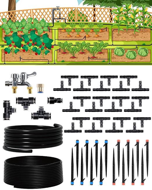 Drip Irrigation System for Garden, Automatic Garden Watering System with 115FT 1/2” & 1/3” Tubing, Dual Faucet, Adjustable Nozzle Emitters for Garden, Greenhouse, Lawn, Potted Plants