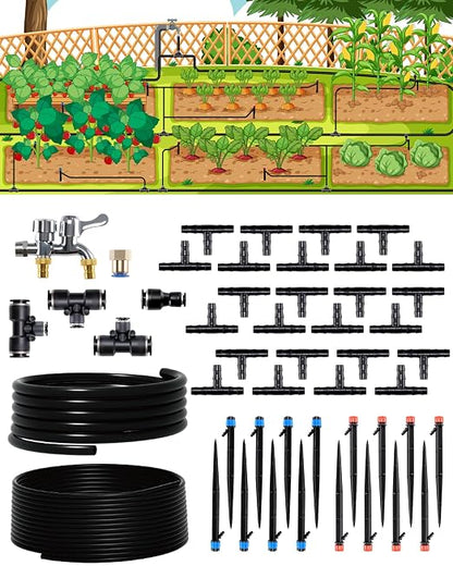 Drip Irrigation System for Garden, Automatic Garden Watering System with 115FT 1/2” & 1/3” Tubing, Dual Faucet, Adjustable Nozzle Emitters for Garden, Greenhouse, Lawn, Potted Plants