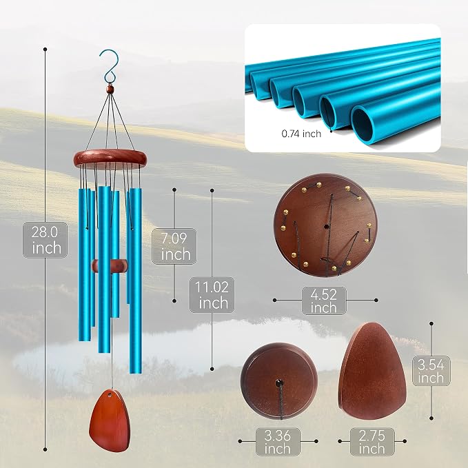 28" Wind Chimes for Outside. Deep Tone Lovely Wind Chimes with 6 Aluminum Tubes Courtyard Decoration. Windchimes Outdoor Create an Enjoyable Atmosphere & Give Mom a Gift(Blue)